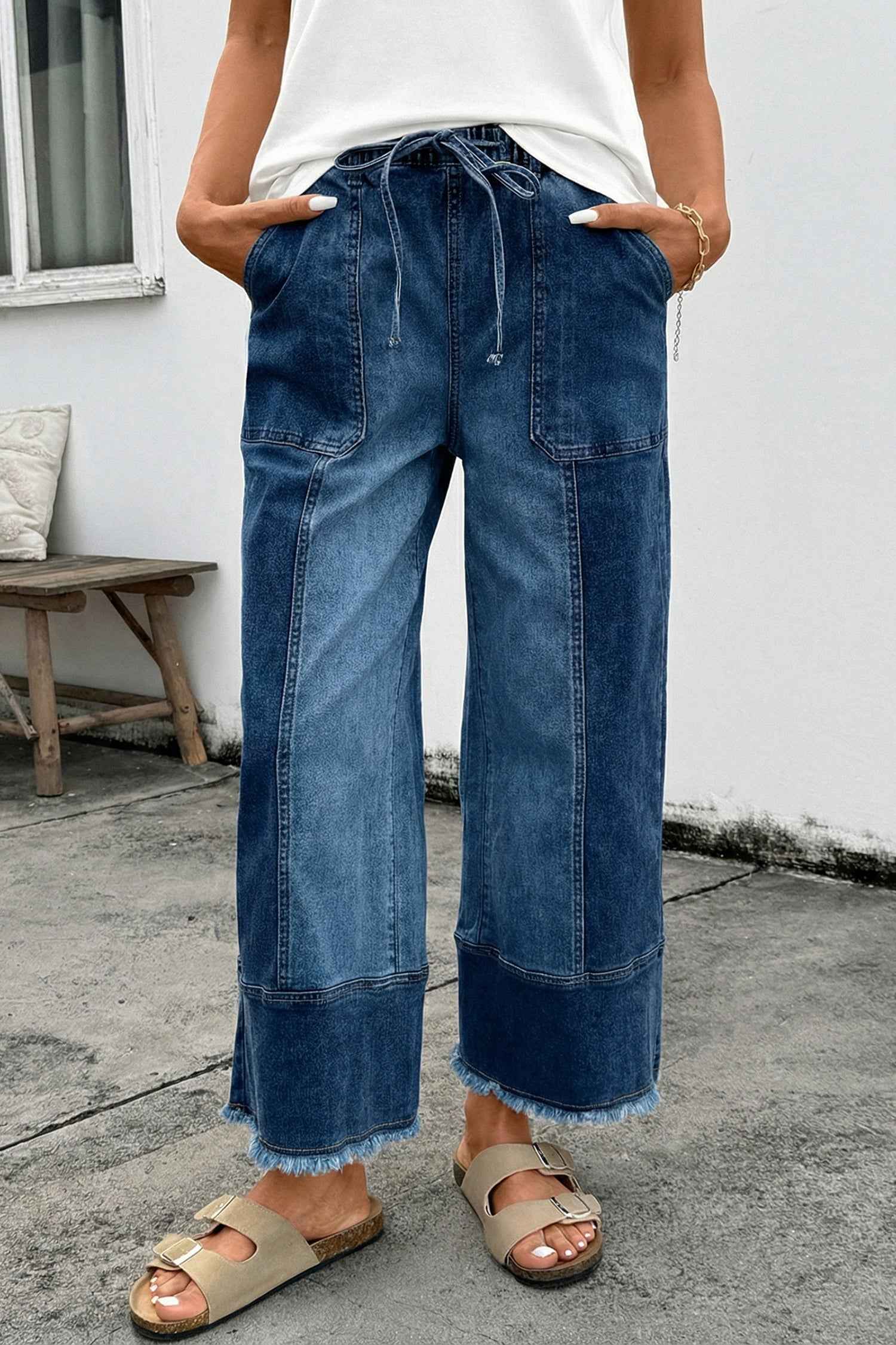 Prussian Blue Drawstring Seam Detail Raw Hem Wide Leg Denim Pants