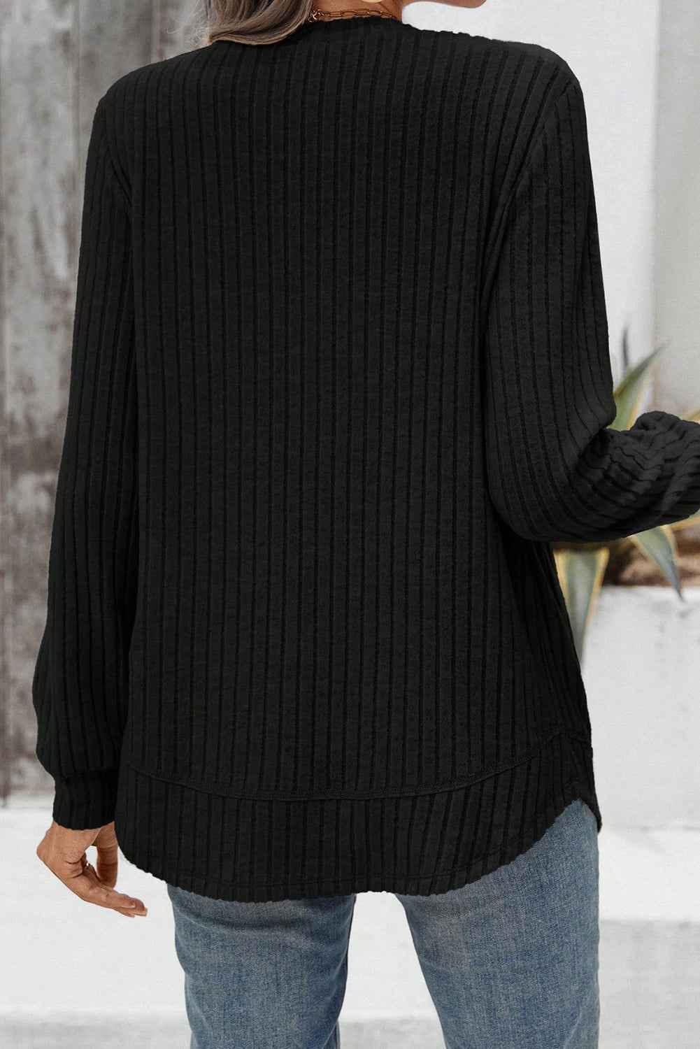 Black Ribbed Texture Round Neck Long Sleeve Rounded Hem Knit Top
