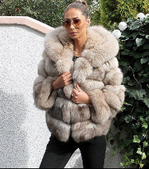 Women's Minimalist Hooded Patchwork Fur Grass Jacket (please see size chart for help with sizing or send us an email for assist. info@thefashioncelestial.com See size chart under “more details”
