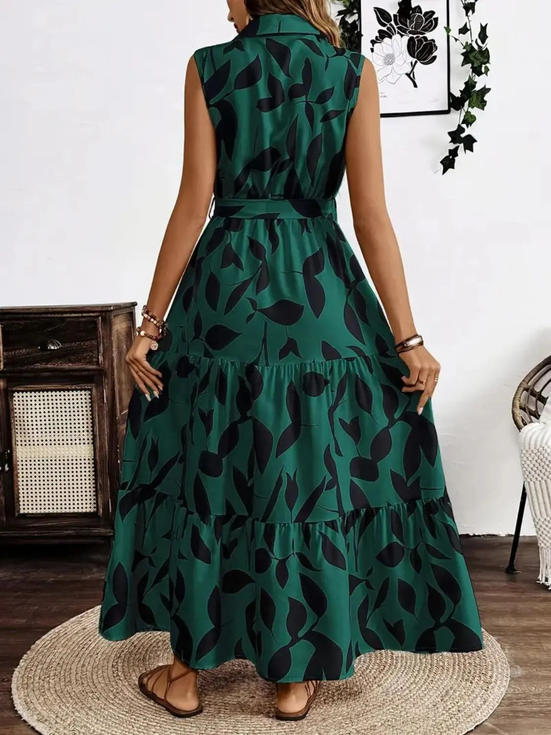 Printed Tie Waist Sleeveless Maxi Dress by Shopiebay