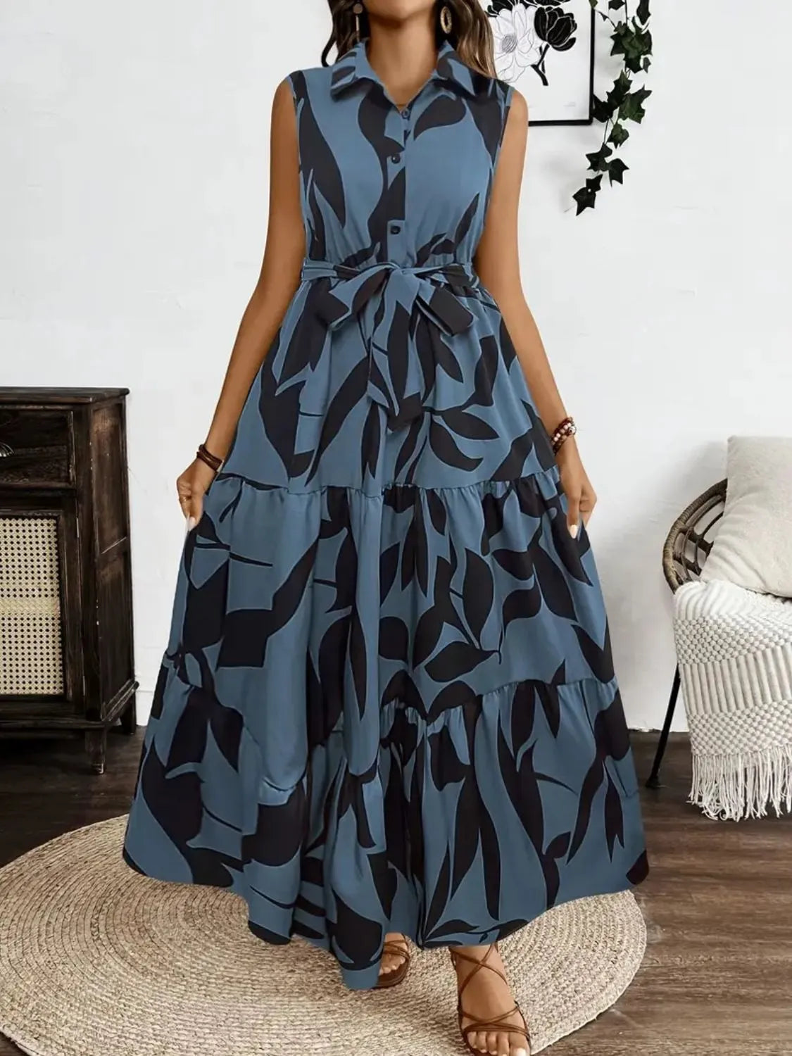 Printed Tie Waist Sleeveless Maxi Dress by Shopiebay