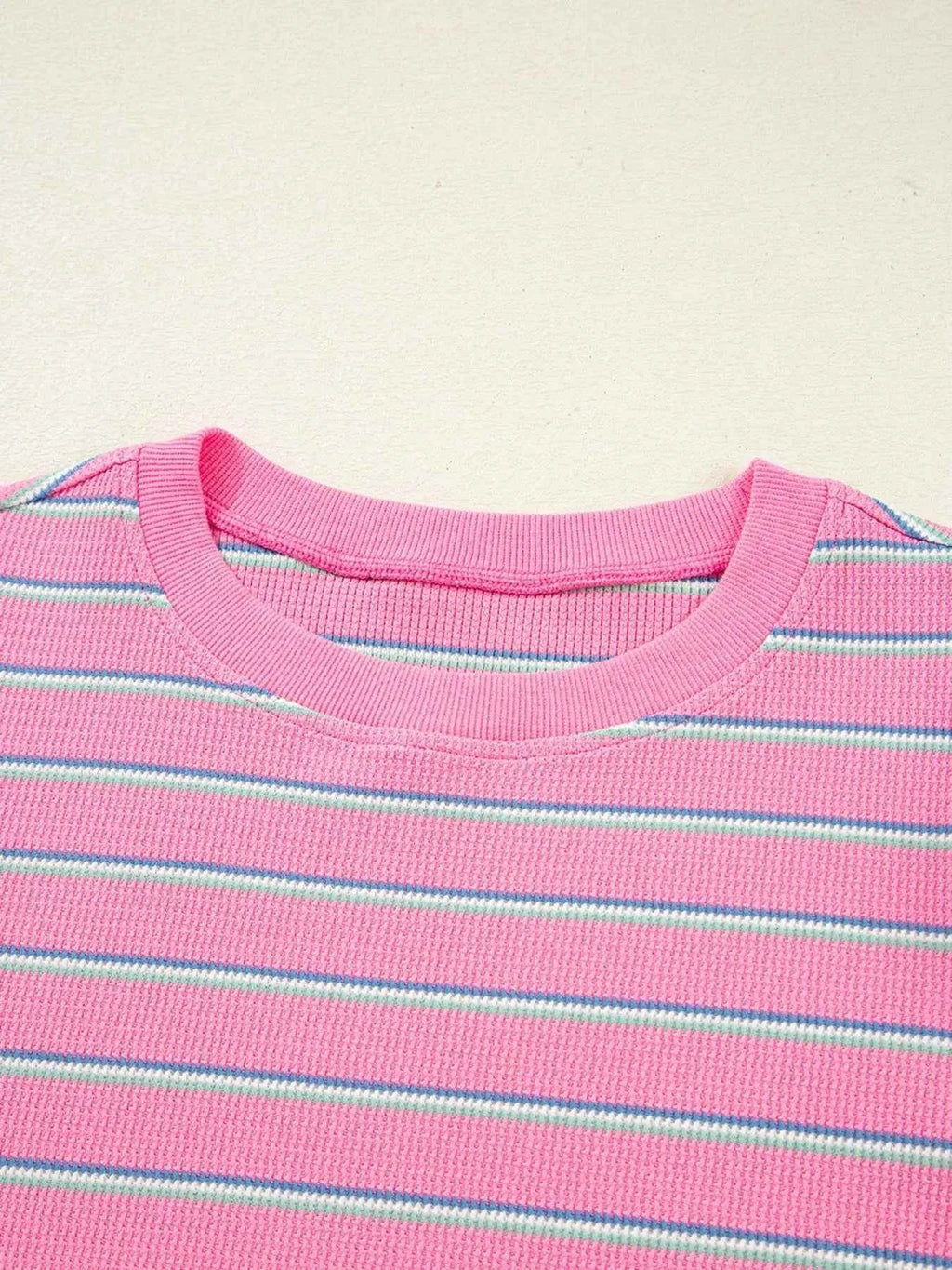Striped Round Neck Textured Knit Long Sleeve Top