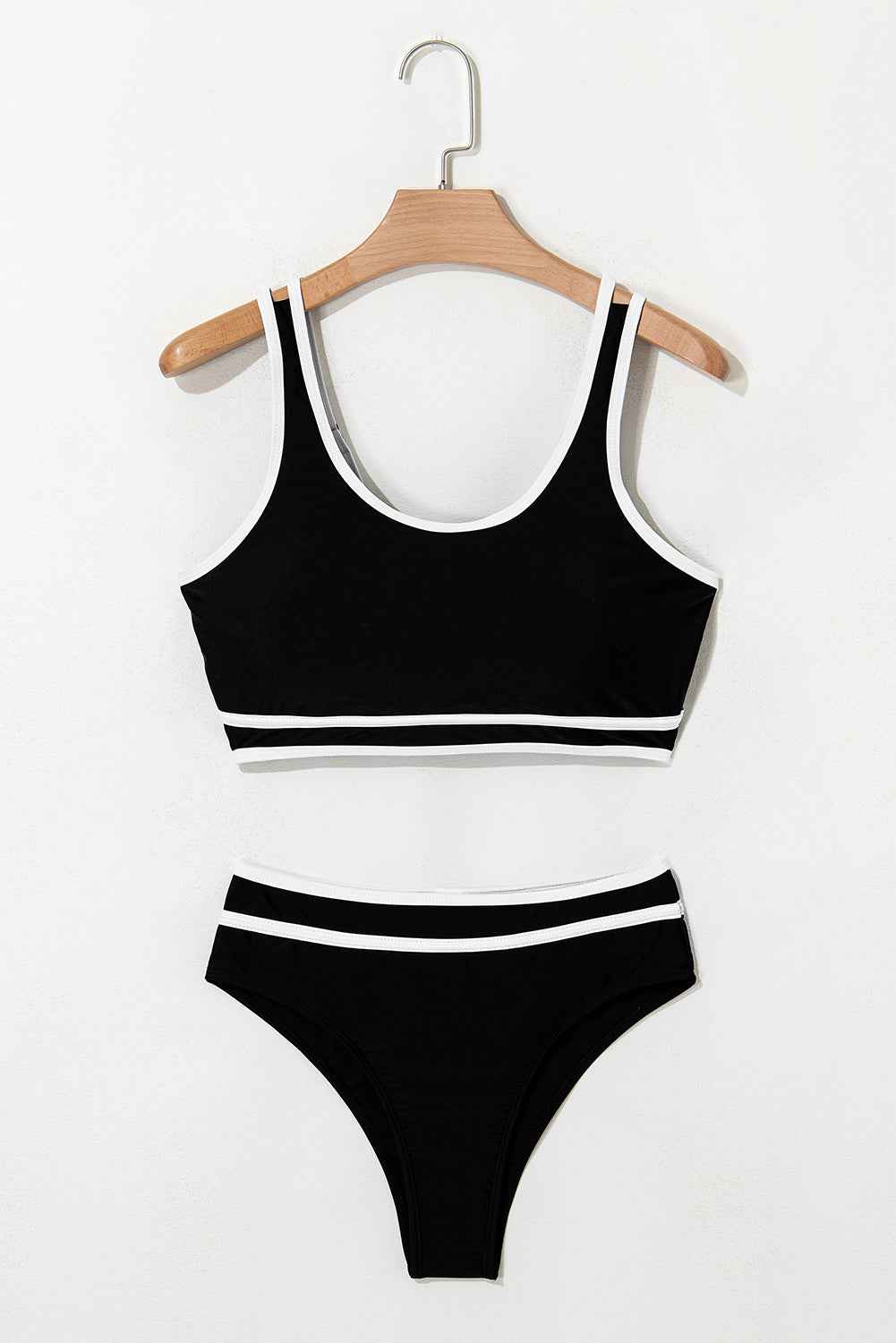 Black Contrast Trim U Neck High Waist Bikini Set