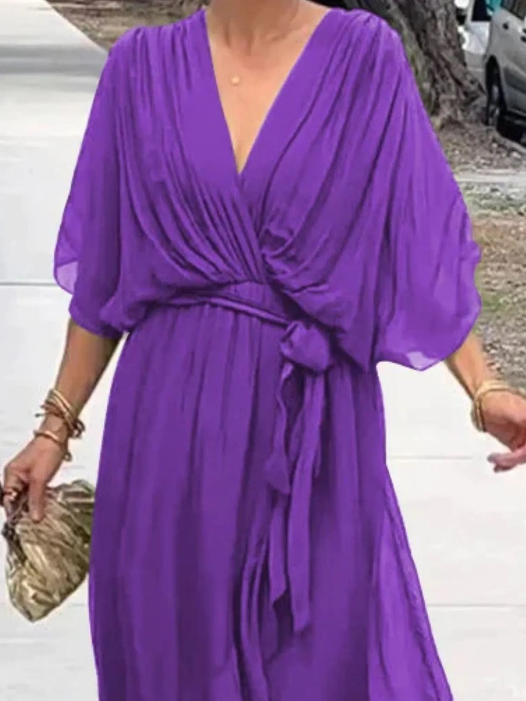 Flowy Tie Front Midi Dress with Flutter Sleeves by Shopiebay
