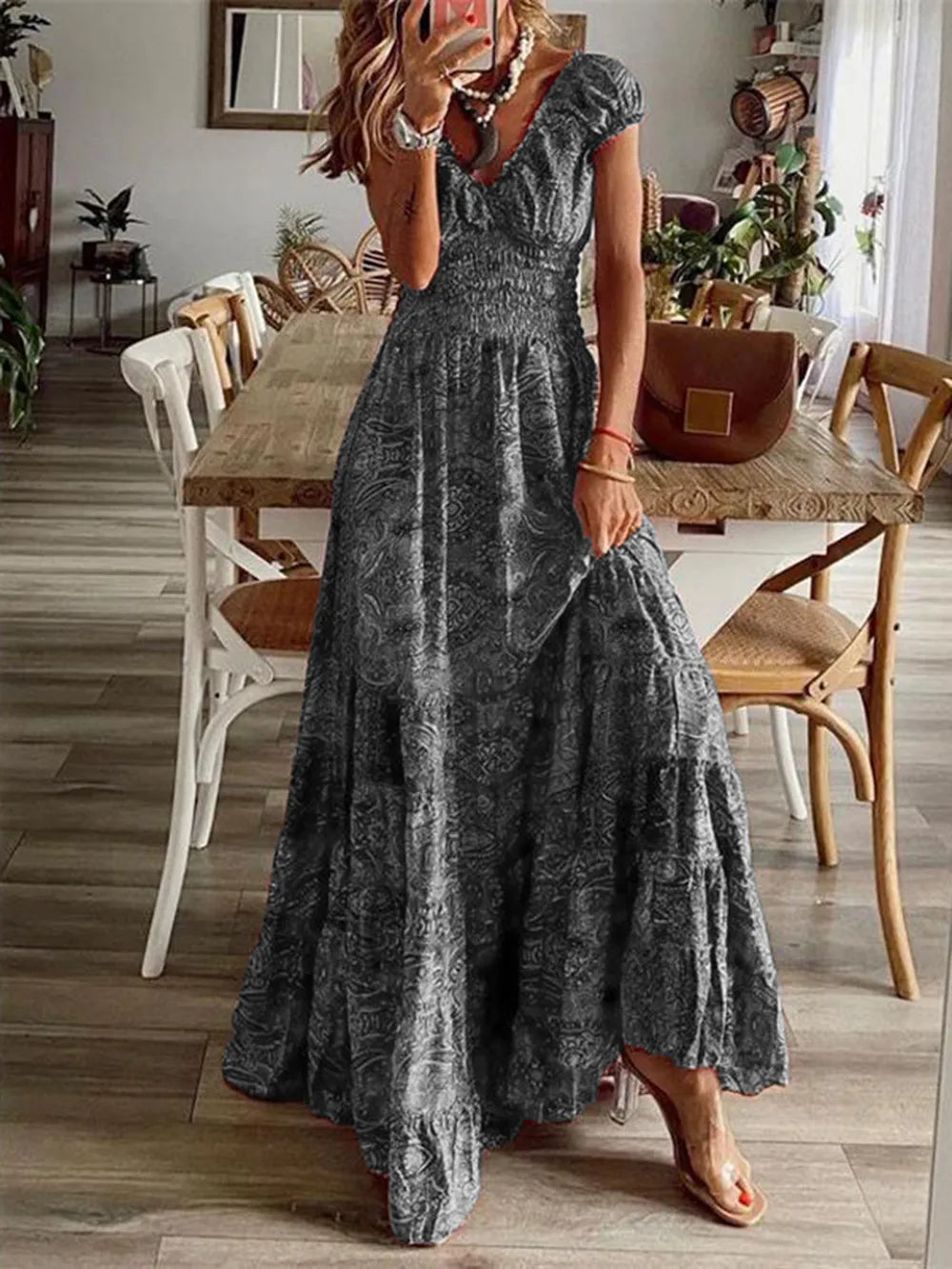 Smocked Printed V-Neck Short Sleeve Dress by Shopiebay