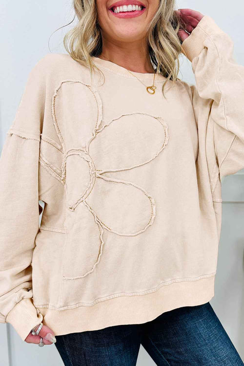 Beige Flower Pattern Round Neck Long Sleeve Plus Size Top by Wild and Free Boutique