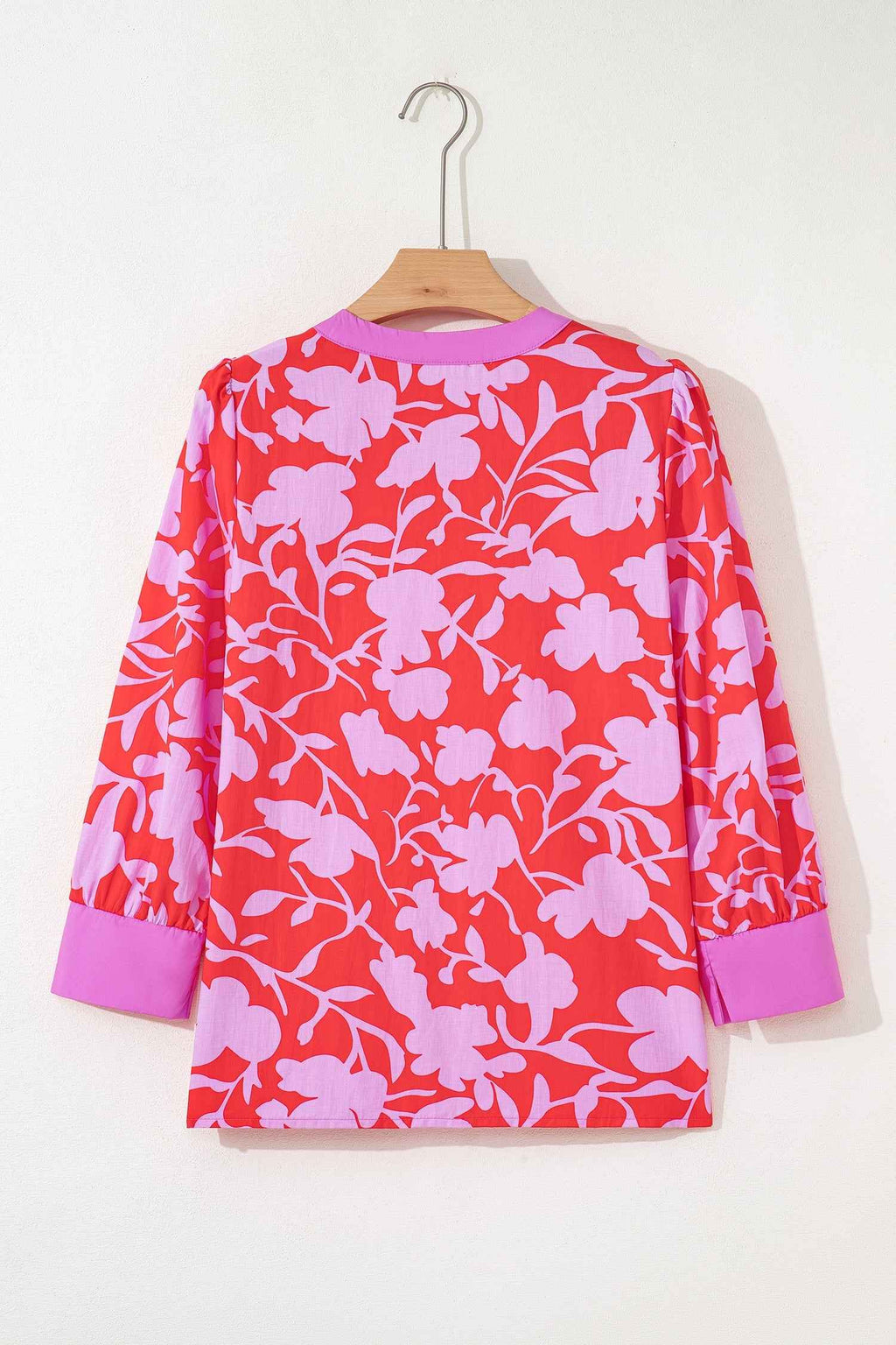 Red Floral Print Split V Neck Cuffed Bracelet Sleeve Blouse
