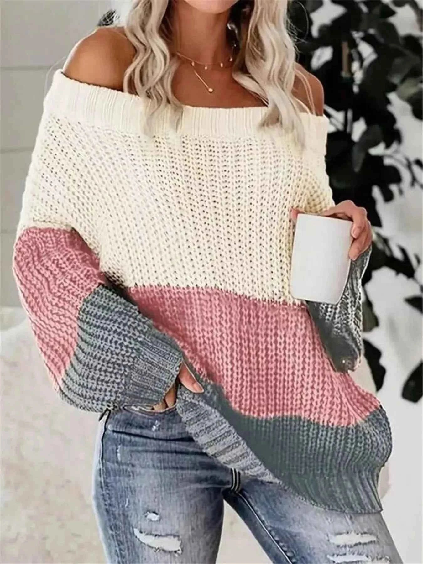 Color Block Off Shoulder Sweater