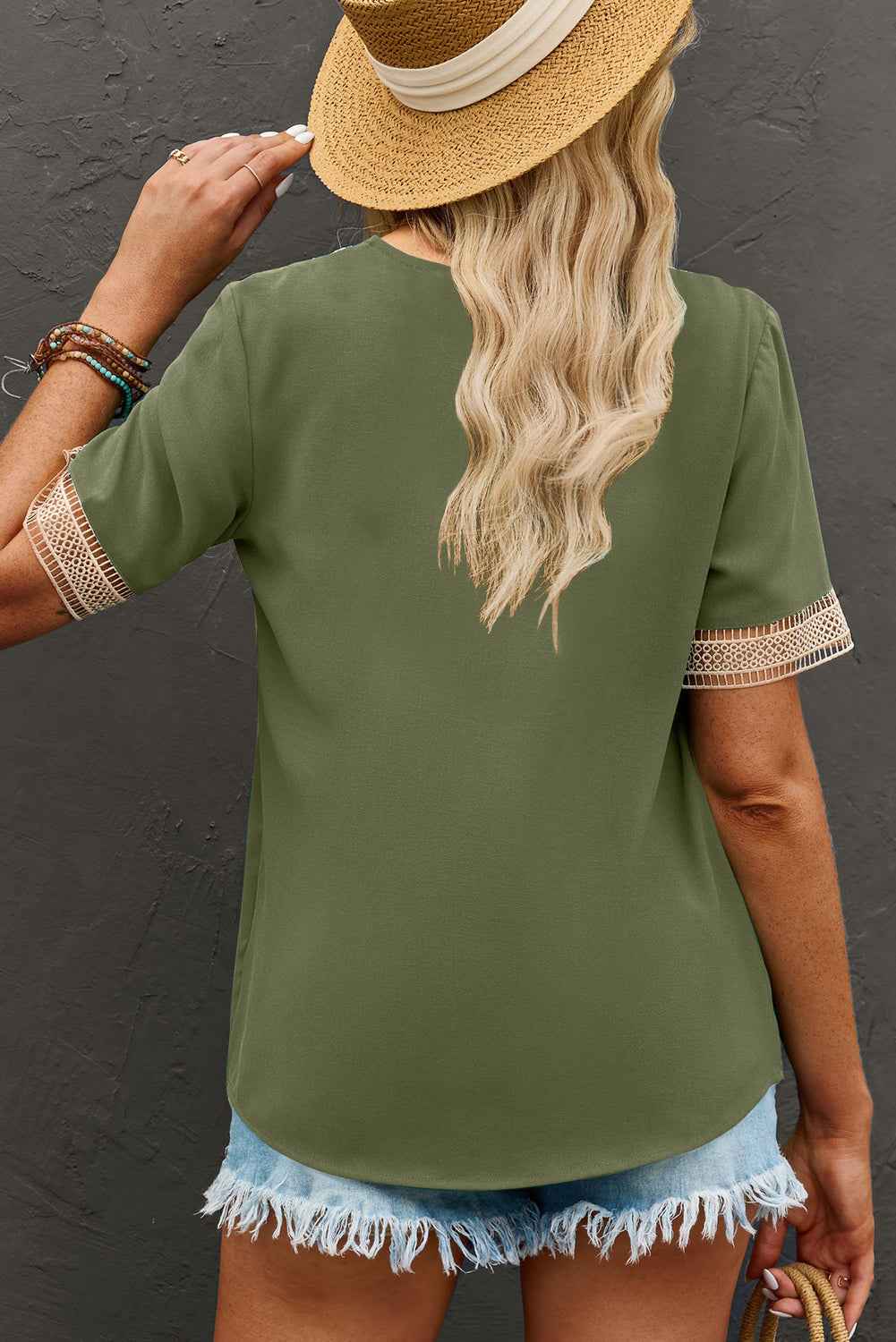Green Lace Trim V Neck Short Sleeve Blouse