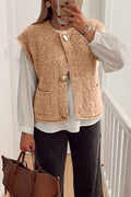 Light French Beige Big Button Accent Fuzzy Pocket Vest