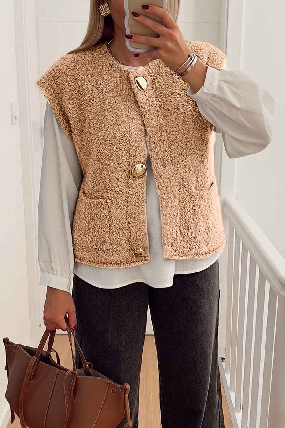 Light French Beige Big Button Accent Fuzzy Pocket Vest