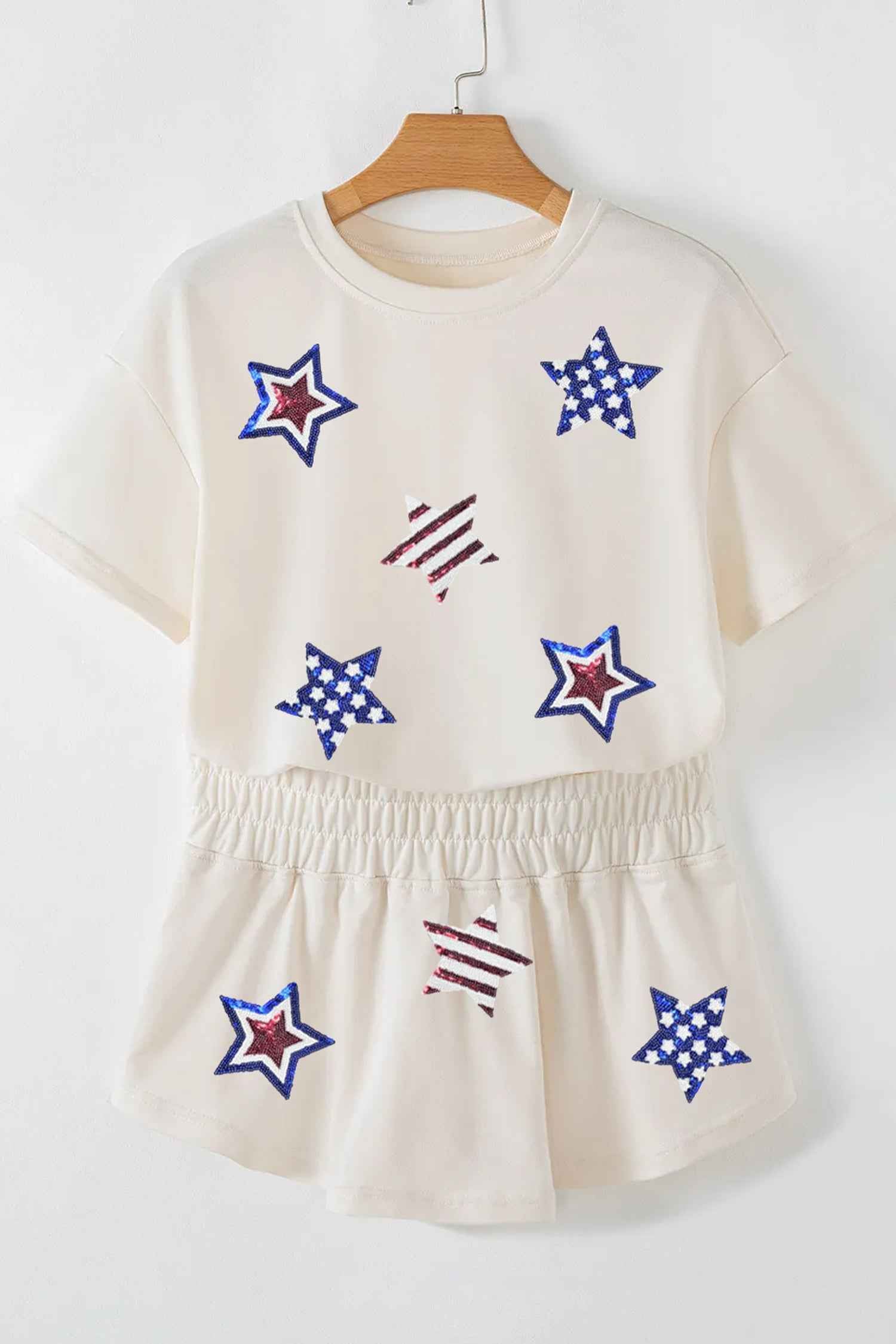 Beige Sequin Patriotic Star Cropped Tee Skort 2pcs Set