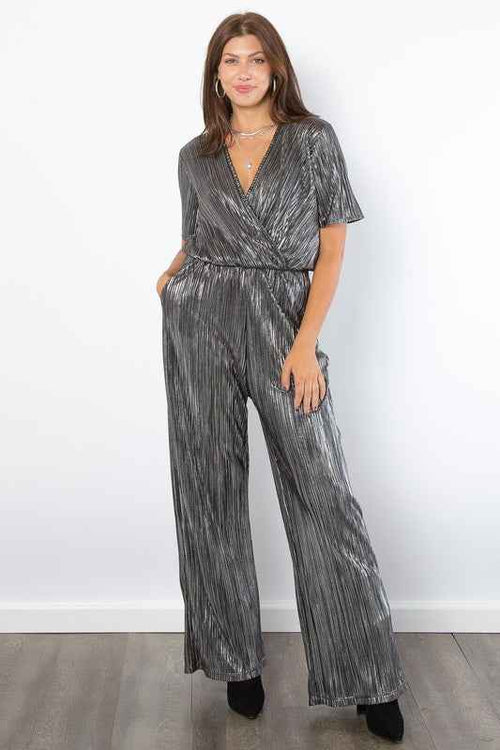 Be Stage Surplice Short Sleeve Pleated Foil Jumpsuit by Wild and Free Boutique