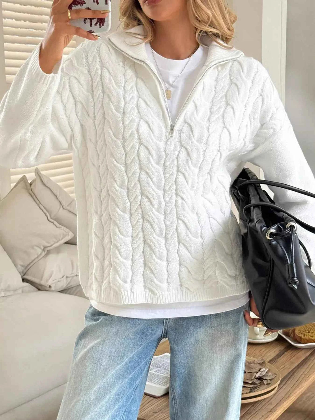 Zip Collar Cable Knit Sweater