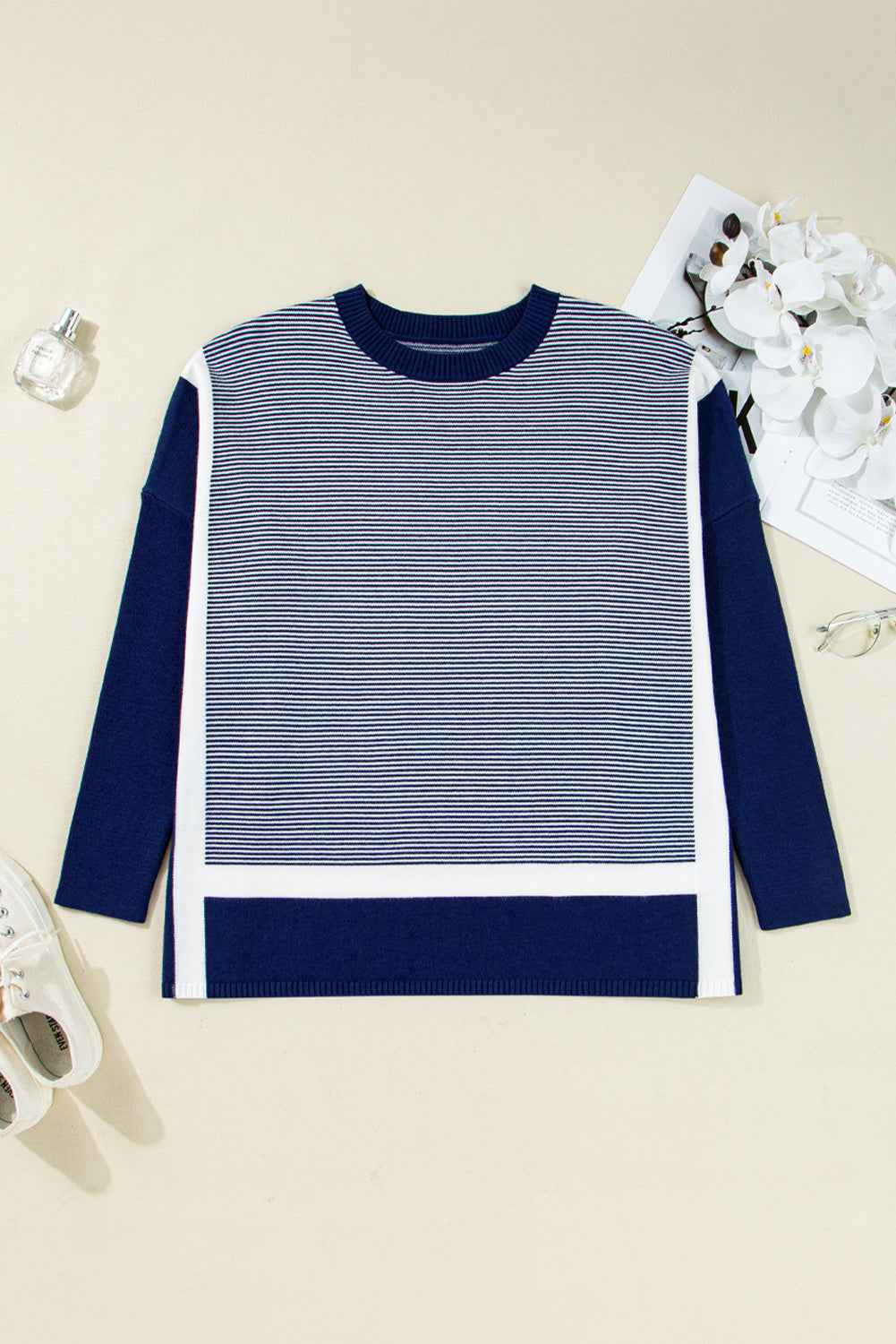 Blue Striped Colorblock Patchwork Dolman Oversize Tunic Sweater
