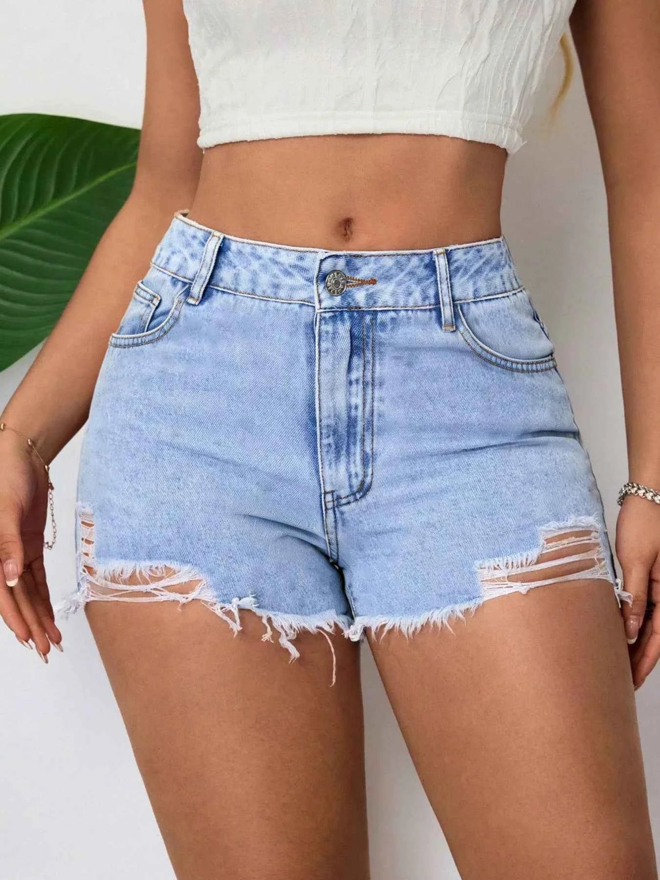 Distressed Raw Hem Denim Shorts