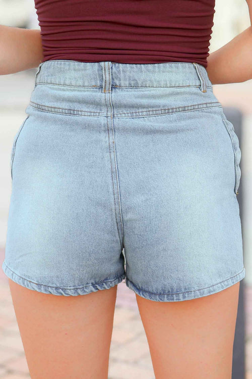 Beau Blue Bow Detail Denim Shorts with Pockets by Wild and Free Boutique