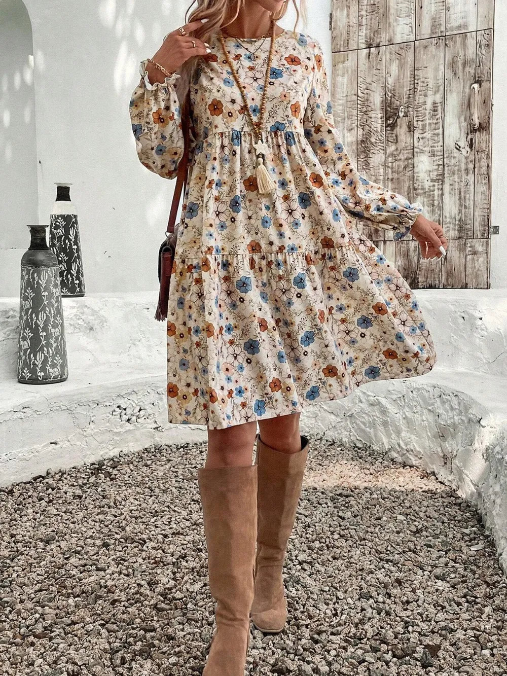 Tiered Floral Round Neck Long Sleeve Dress by Shopiebay