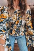 Blue Floral Off Shoulder Bell Sleeve Smocked Peplum Top