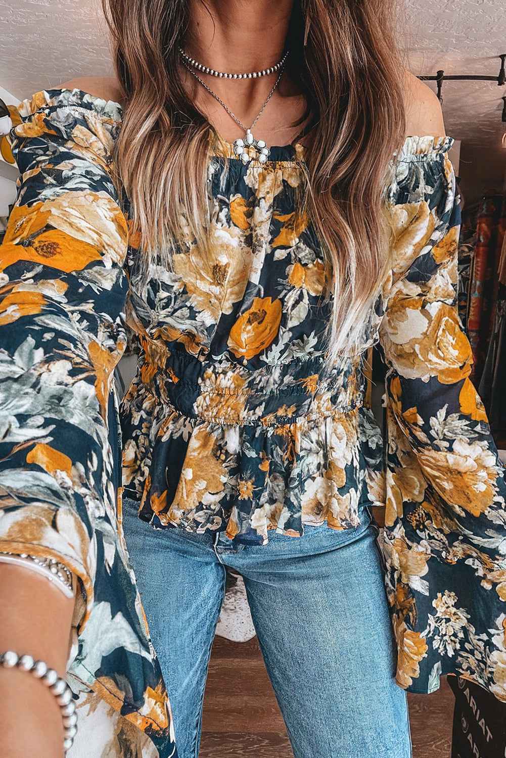 Blue Floral Off Shoulder Bell Sleeve Smocked Peplum Top