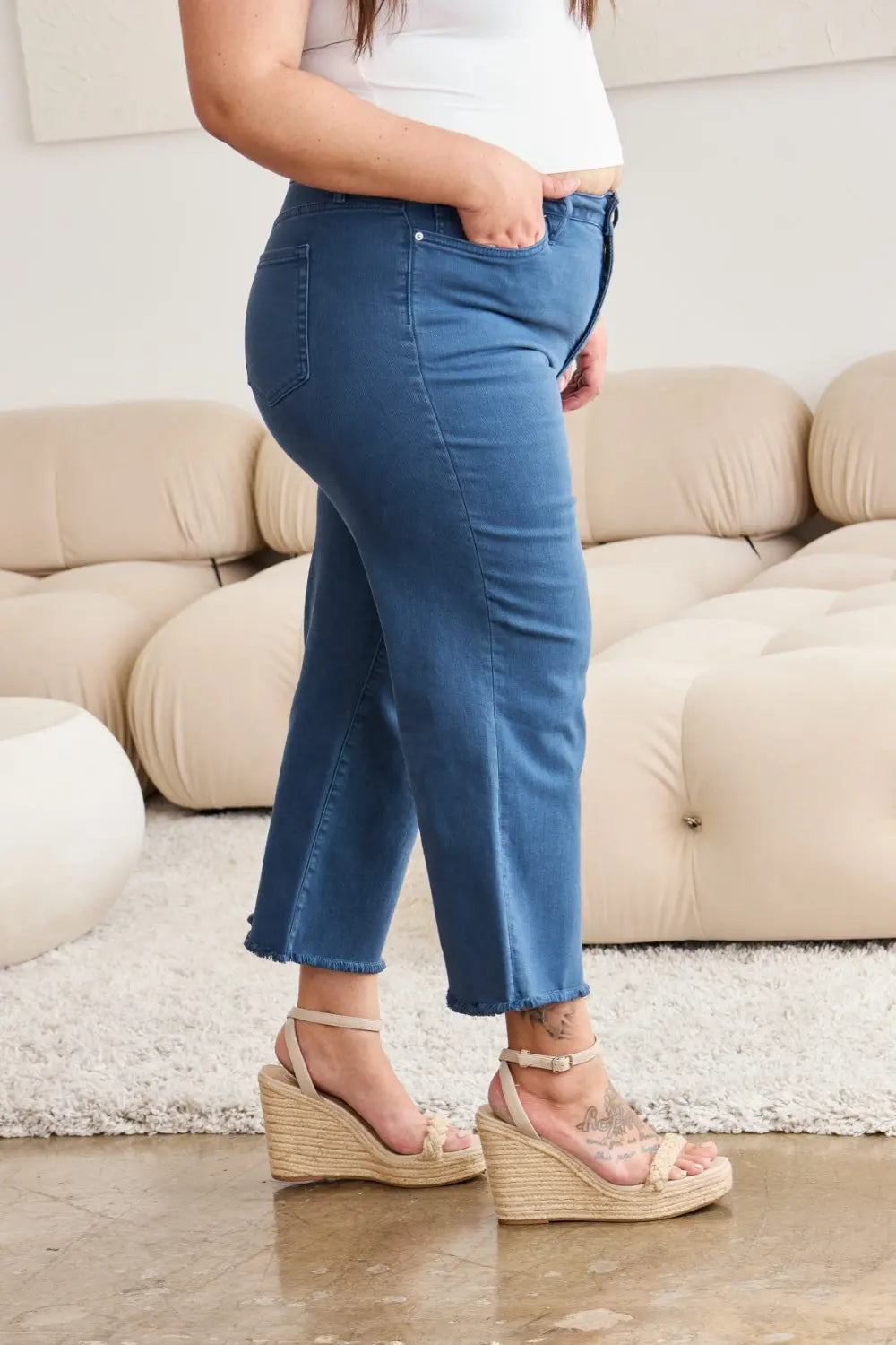 RFM Crop Full Size Tummy Control High Waist Raw Hem Jeans