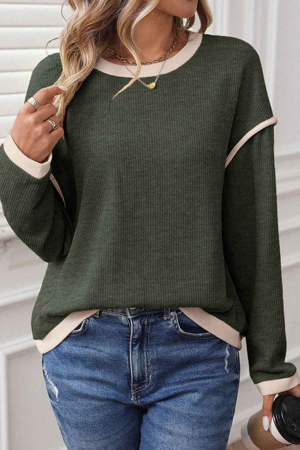 Four Leaf Clover Contrast Color Trim Knit Drop Shoulder Loose Top
