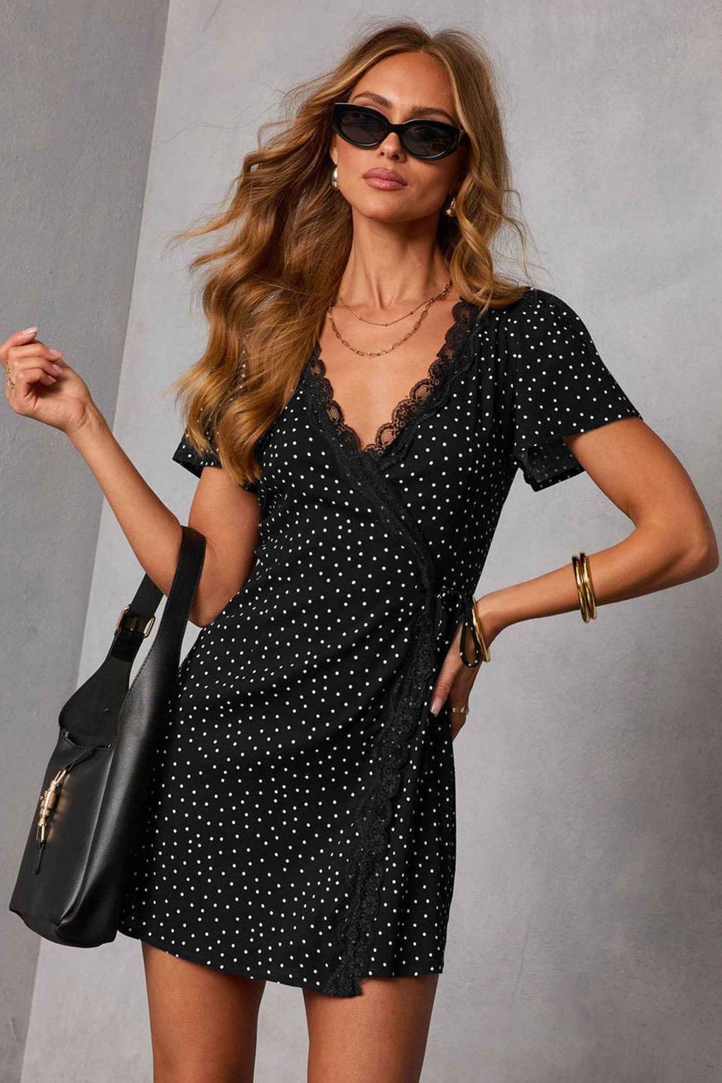 Black Polka Dot Print Lace Trim Wrap Mini Dress