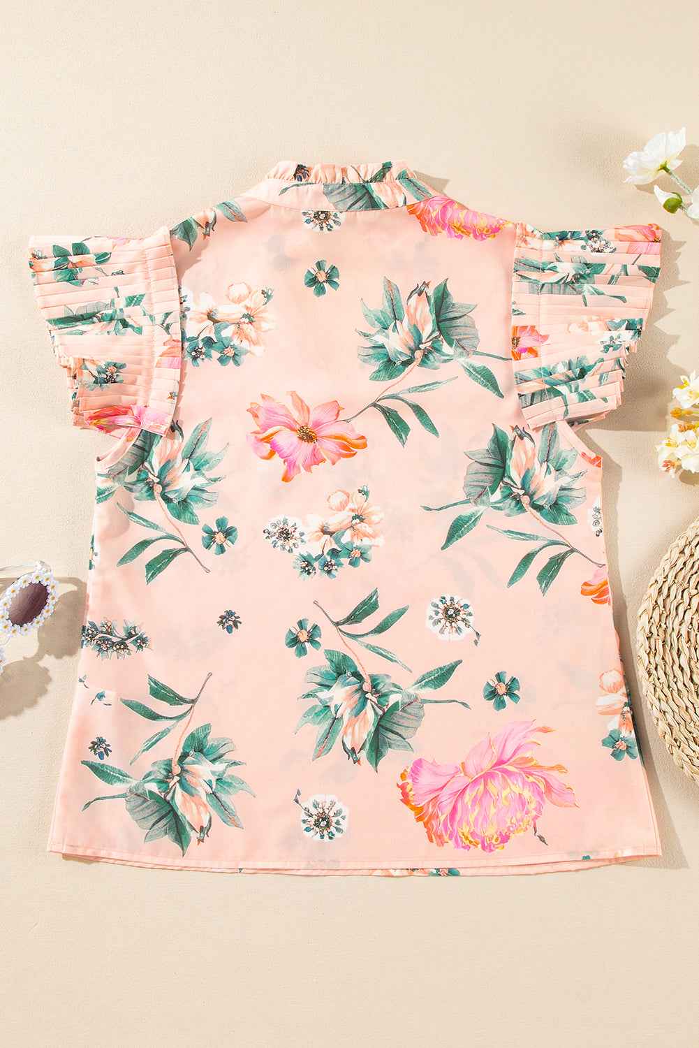 Pink Floral Print Frill V Neck Pleated Sleeve Blouse