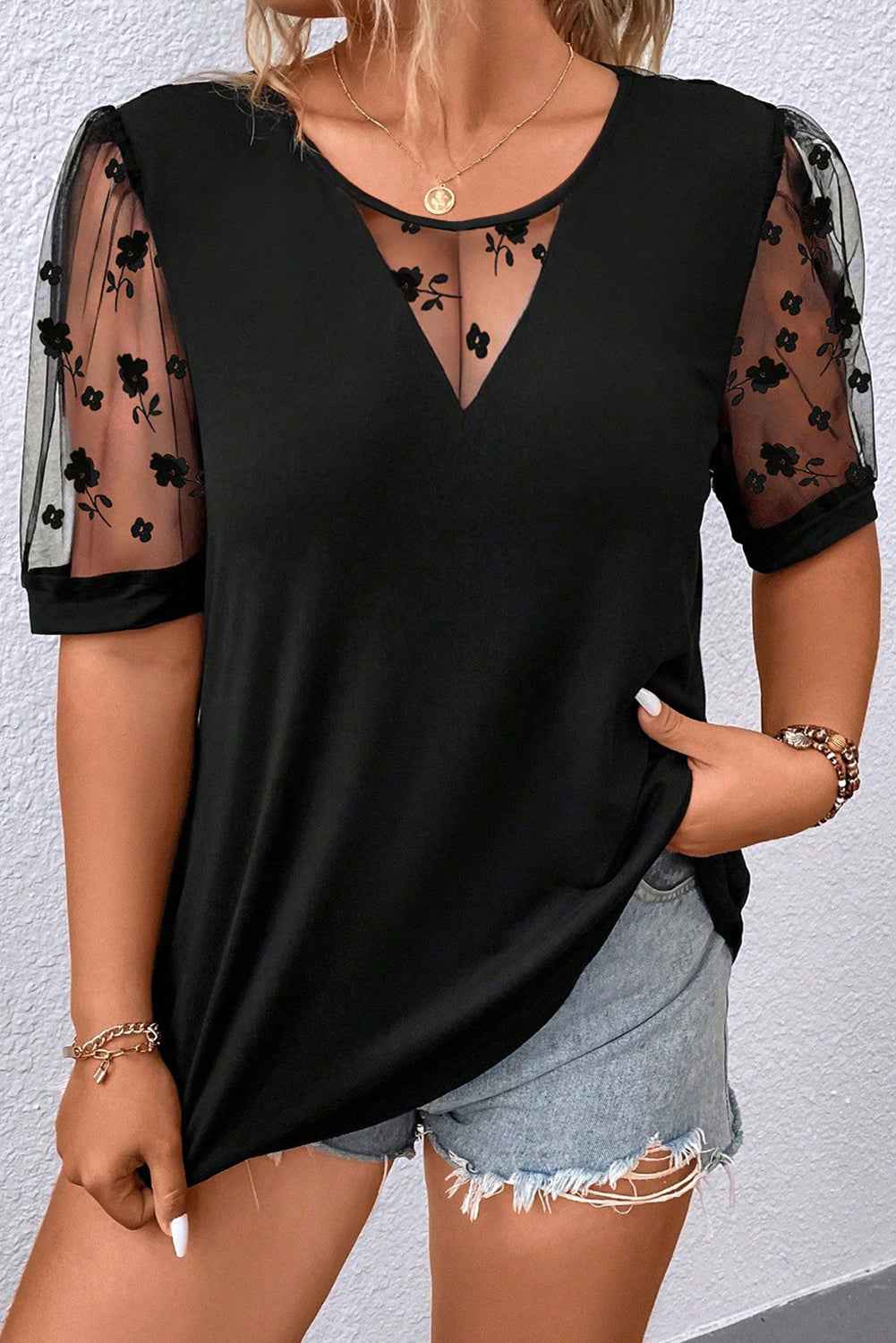 Black Plus Size Floral Mesh Patchwork Loose V Neck T Shirt