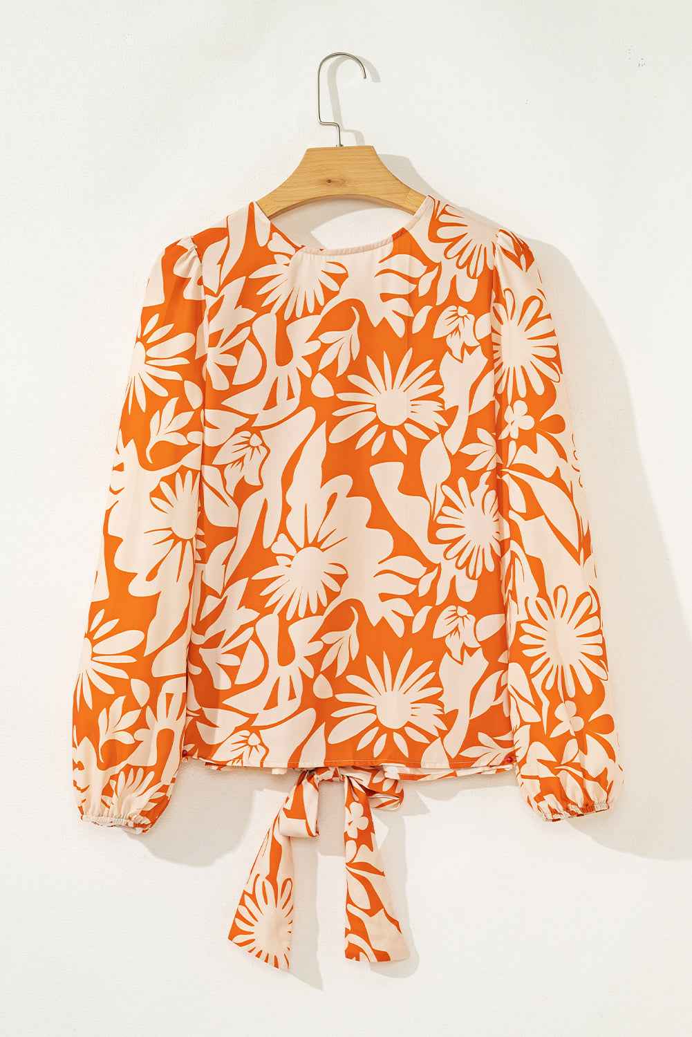 Orange Floral Print Knotted Open Back Long Sleeve Blouse