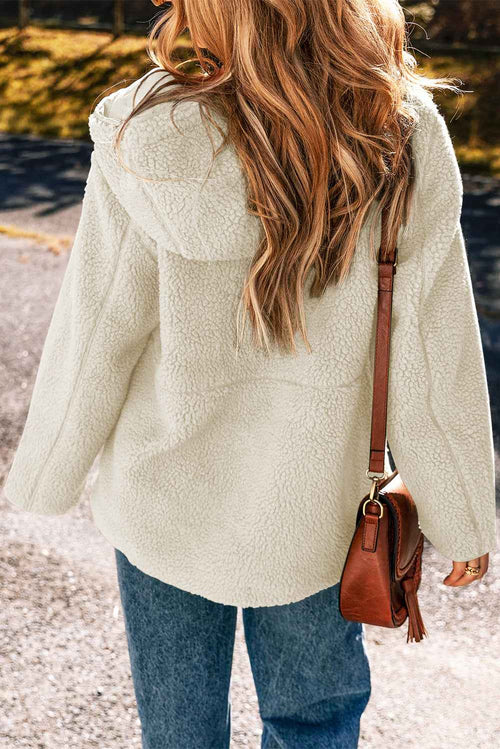 Beige Fleece Zip Up Drawstring Hooded Pocketed Jacket by Wild and Free Boutique