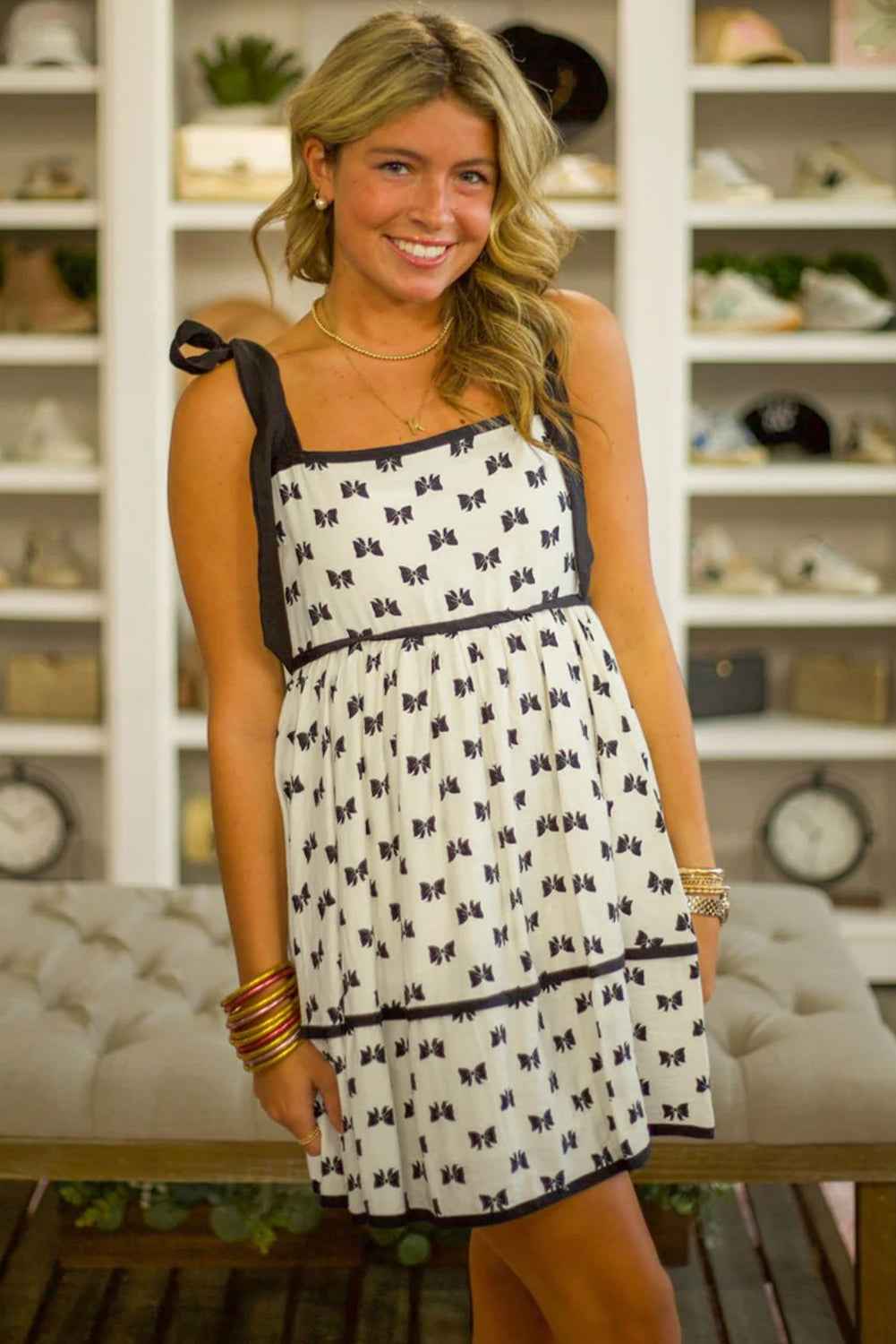 White Bow Knot Color Contrast Trim Knotted Shoulder Mini Dress