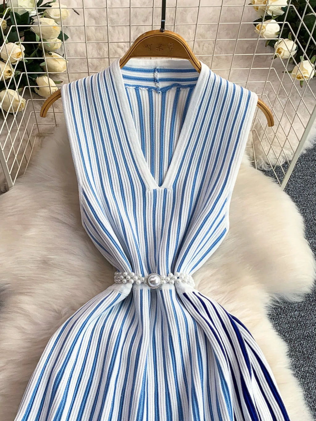 Striped Sleeveless Midi Dress by Shopiebay