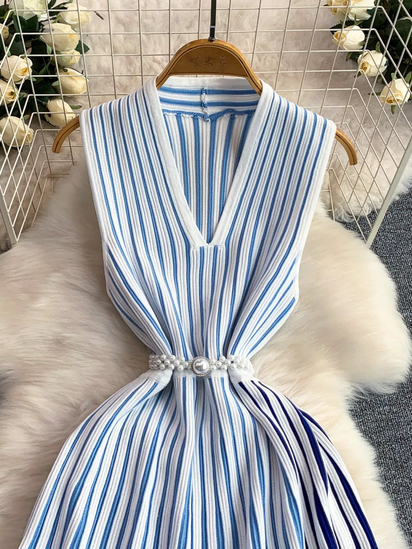 Striped Sleeveless Midi Dress by Shopiebay