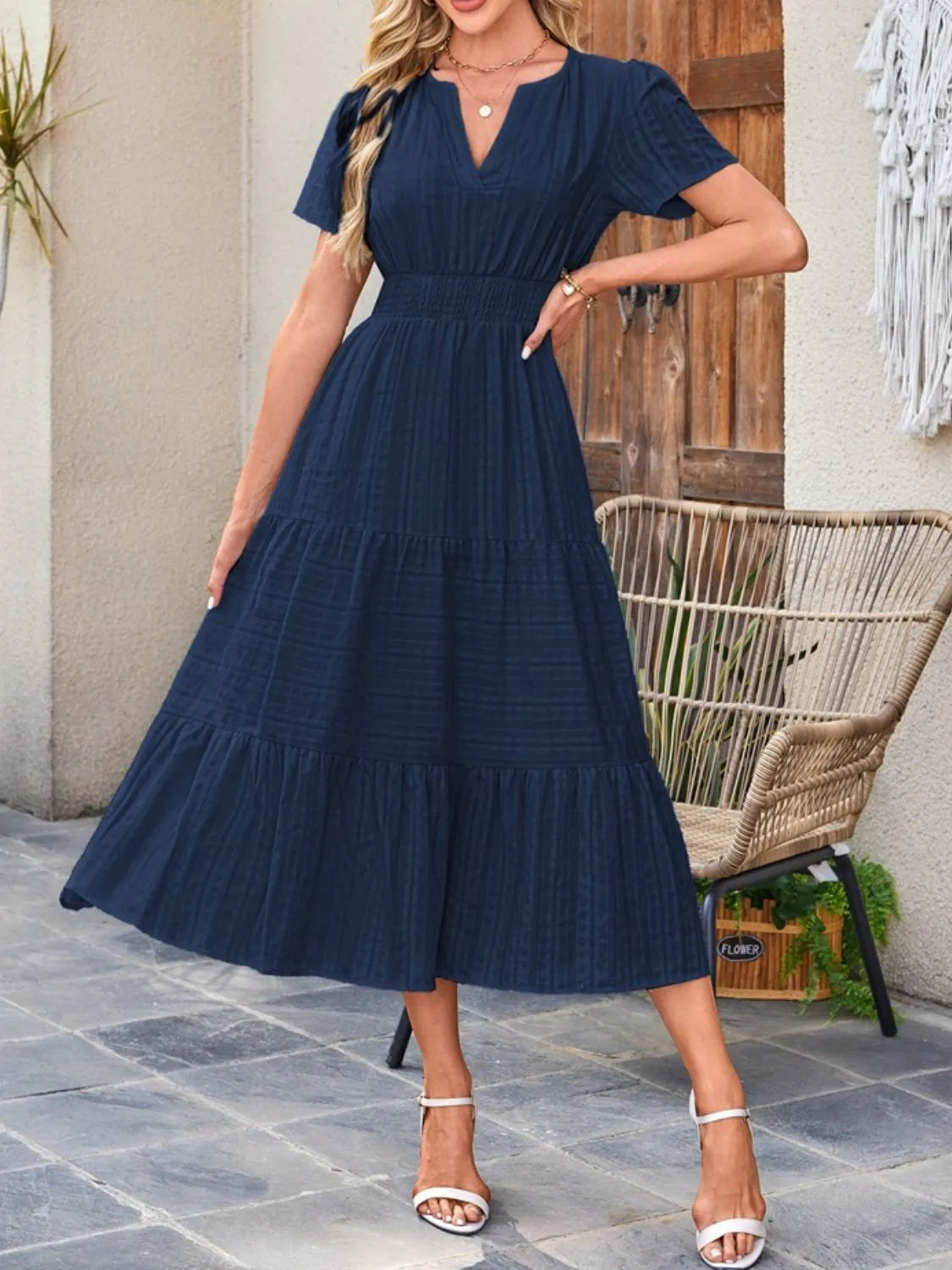 Tiered Notched Short Sleeve Dress by Shopiebay
