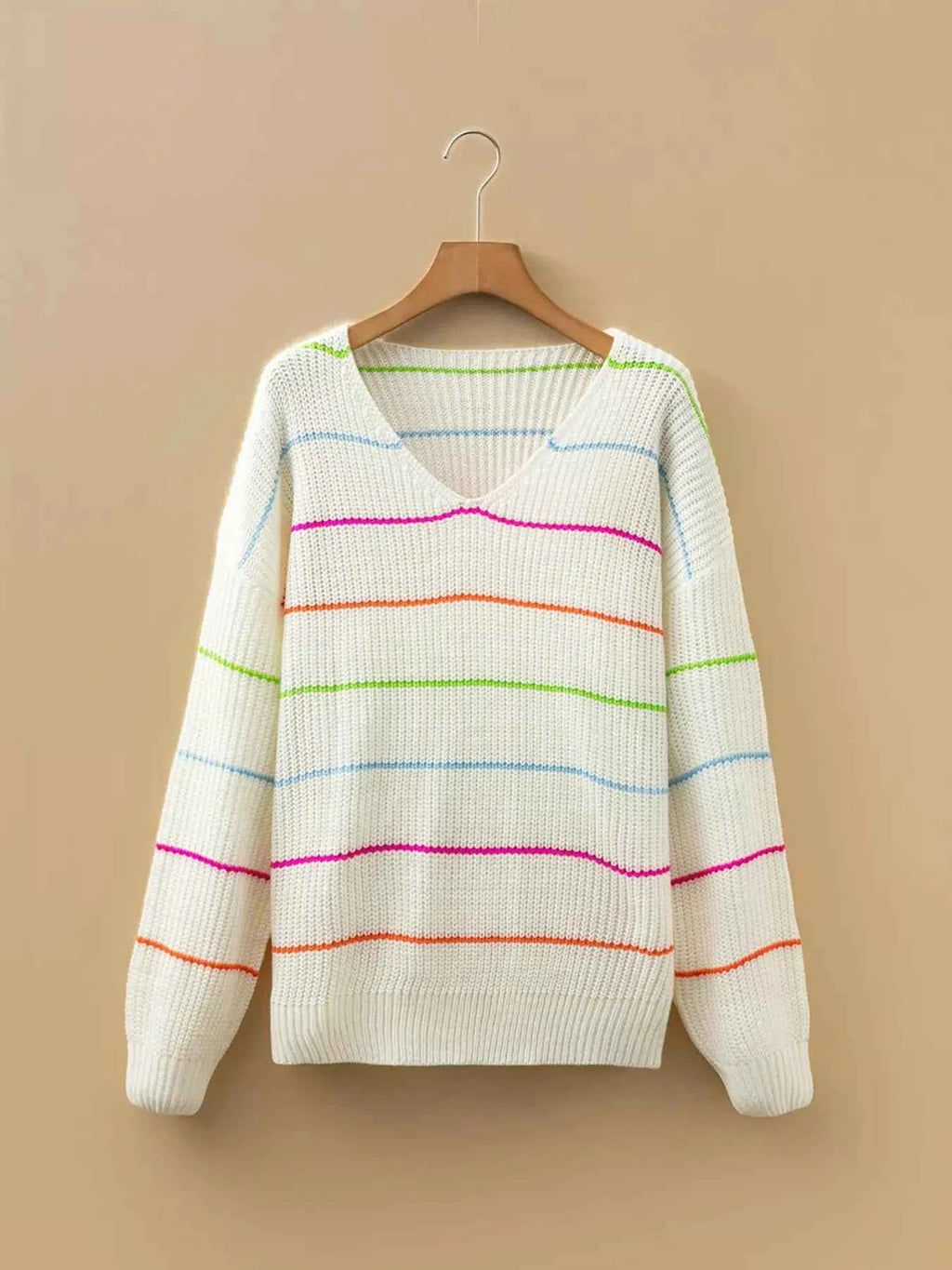 Colorful Striped Detail V-Neck Baggy Drop Shoulder Sweater