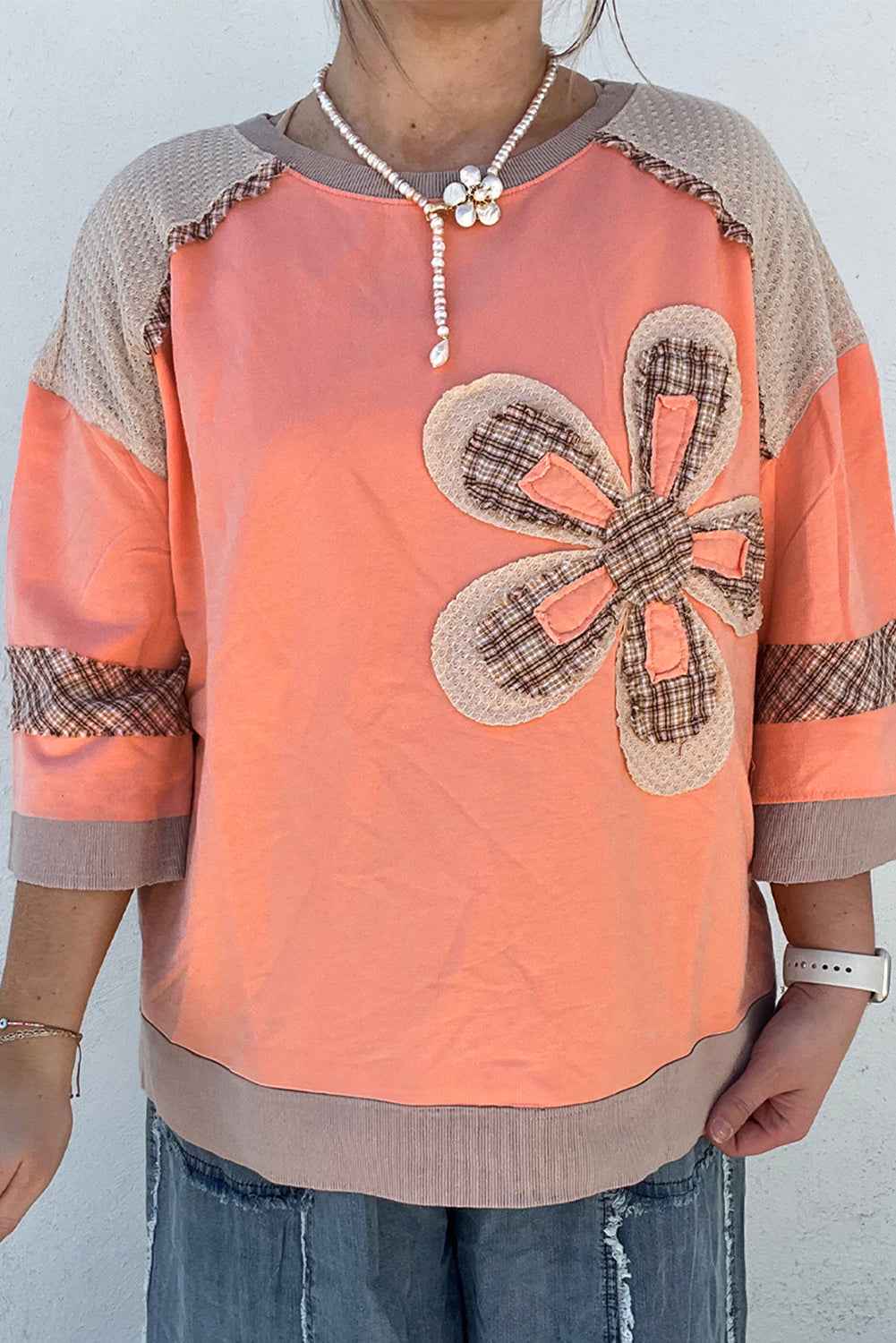 Grapefruit Orange Plaid Waffle Flower Patchwork Bracelet Sleeve Top