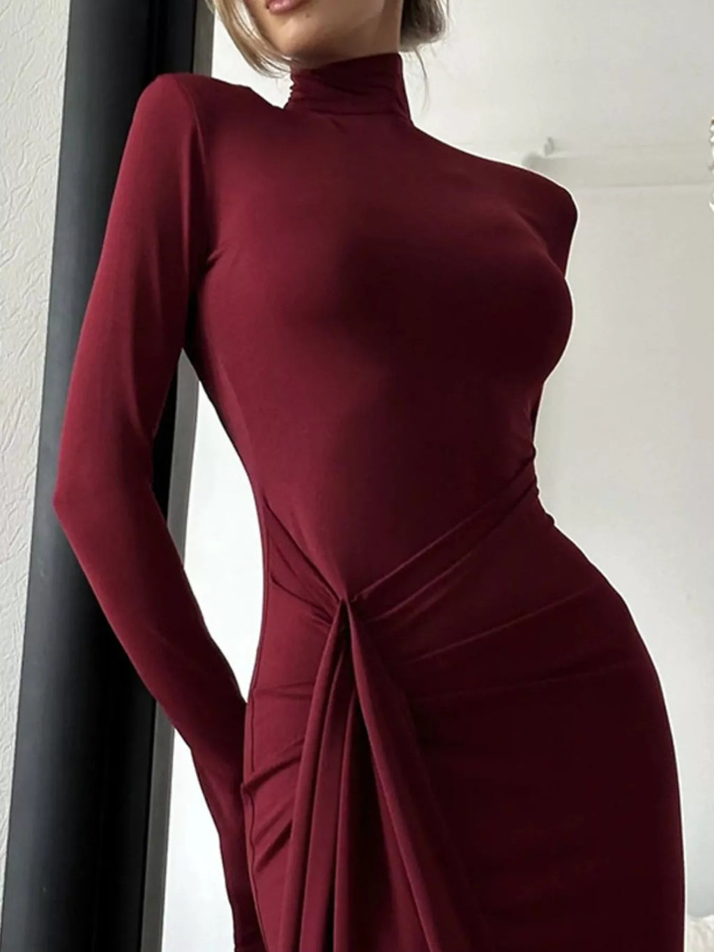 Turtleneck Long Sleeve Slit Maxi Dress by Shopiebay