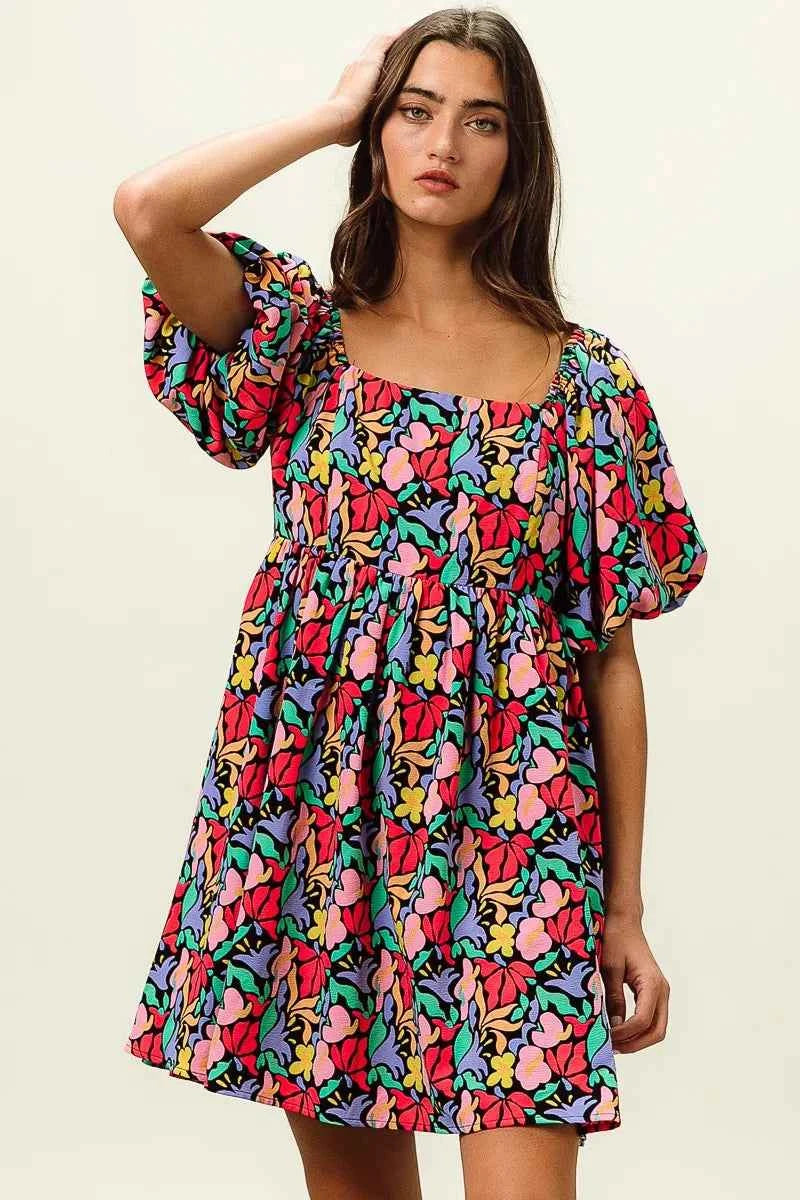 BiBi Floral Print Puff Square Neck Dress