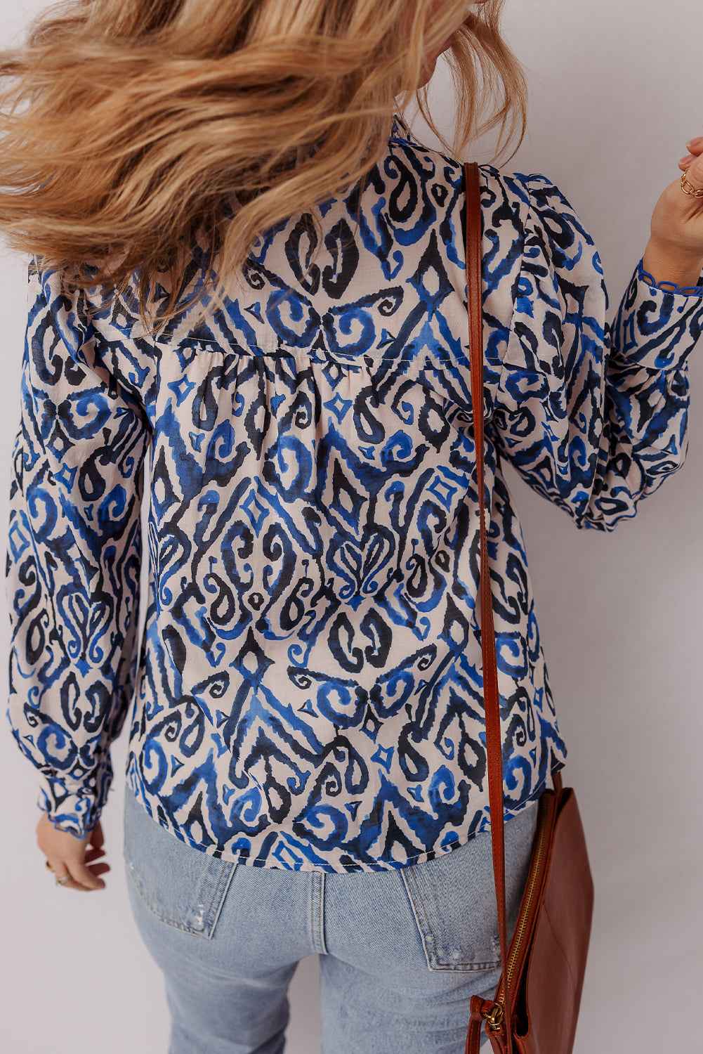 Blue Bohemian Print Embroidered V Neckline Detail Long Sleeve Shirt