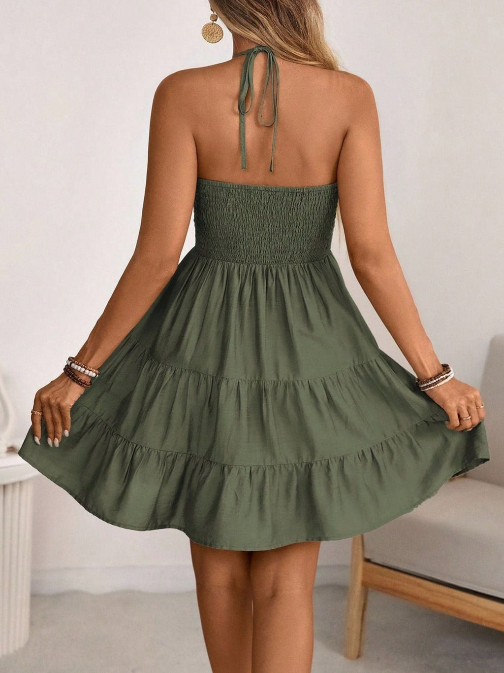 Smocked Halter Neck Tiered Dress by Shopiebay