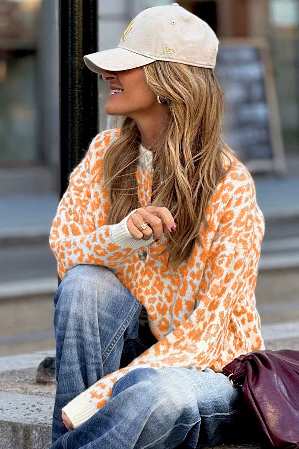Orange Leopard Drop Shoulder Knitted Cardigan