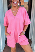 Bonbon Loose Half Sleeve V Neck Plain Romper