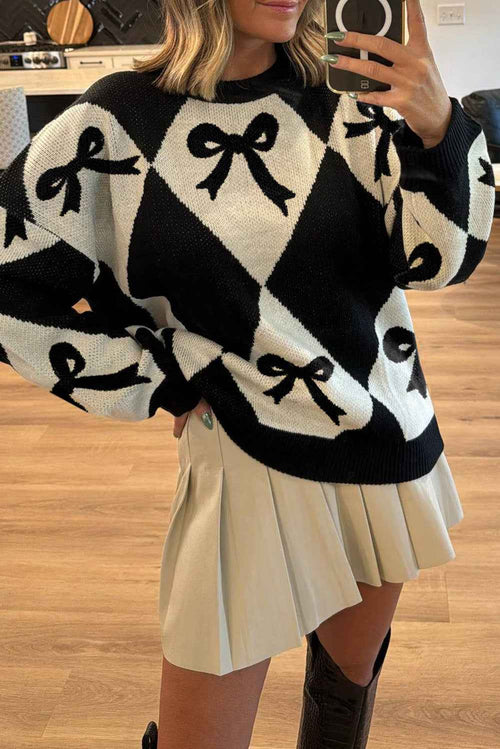 Black Bow Print 2-tone Rhombus Knit Loose Sweater by Wild and Free Boutique