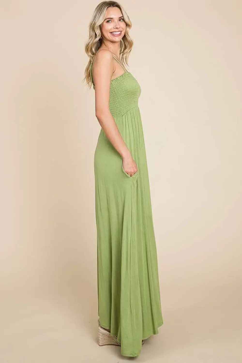 Culture Code Full Size Olive Smocked Cami Maxi Dress with Pockets