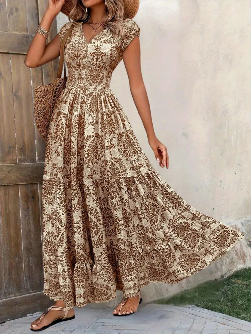 Printed Cap Sleeve Maxi Dress by Shopiebay