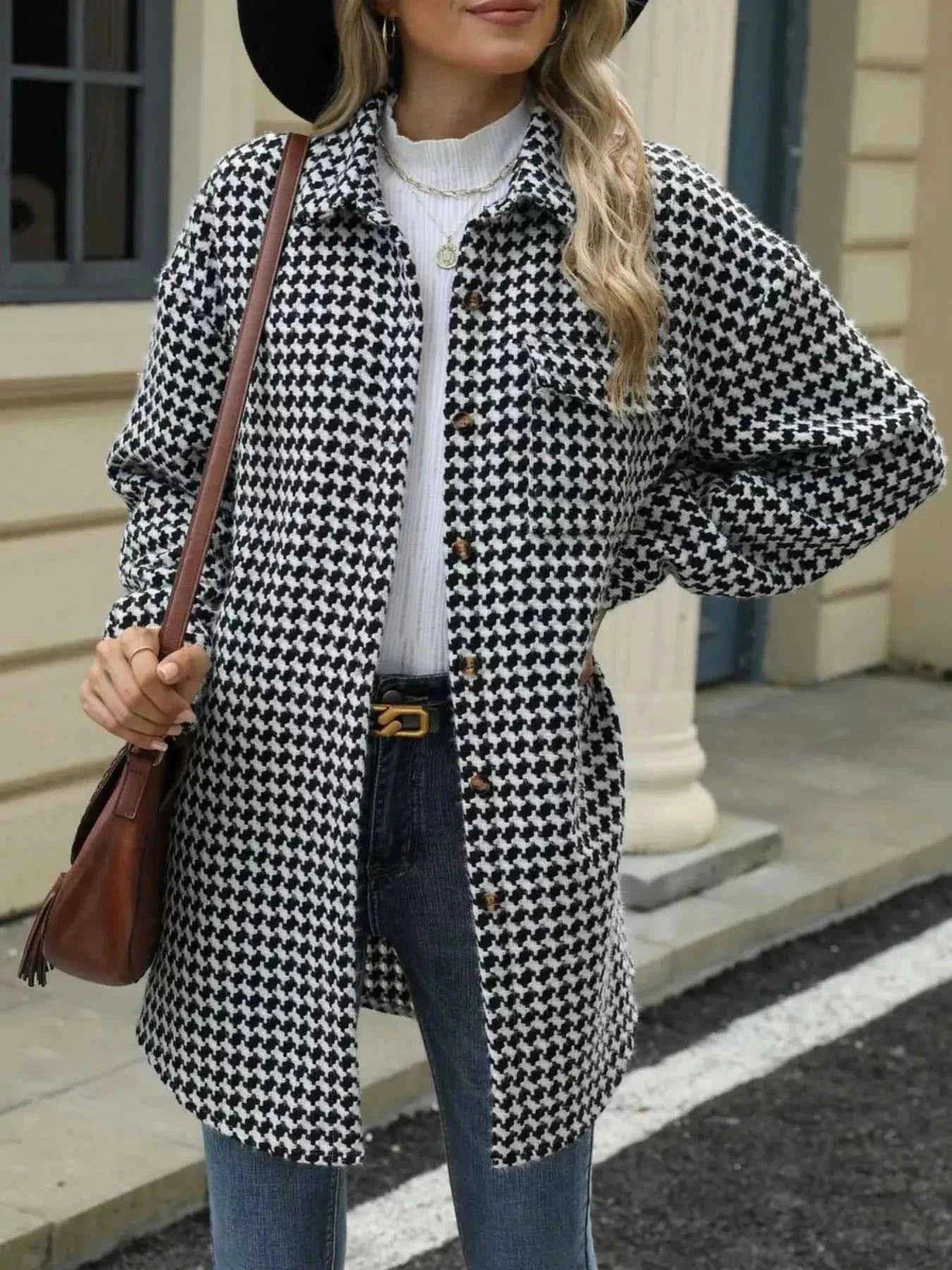 Houndstooth Button Up Long Sleeve Coat