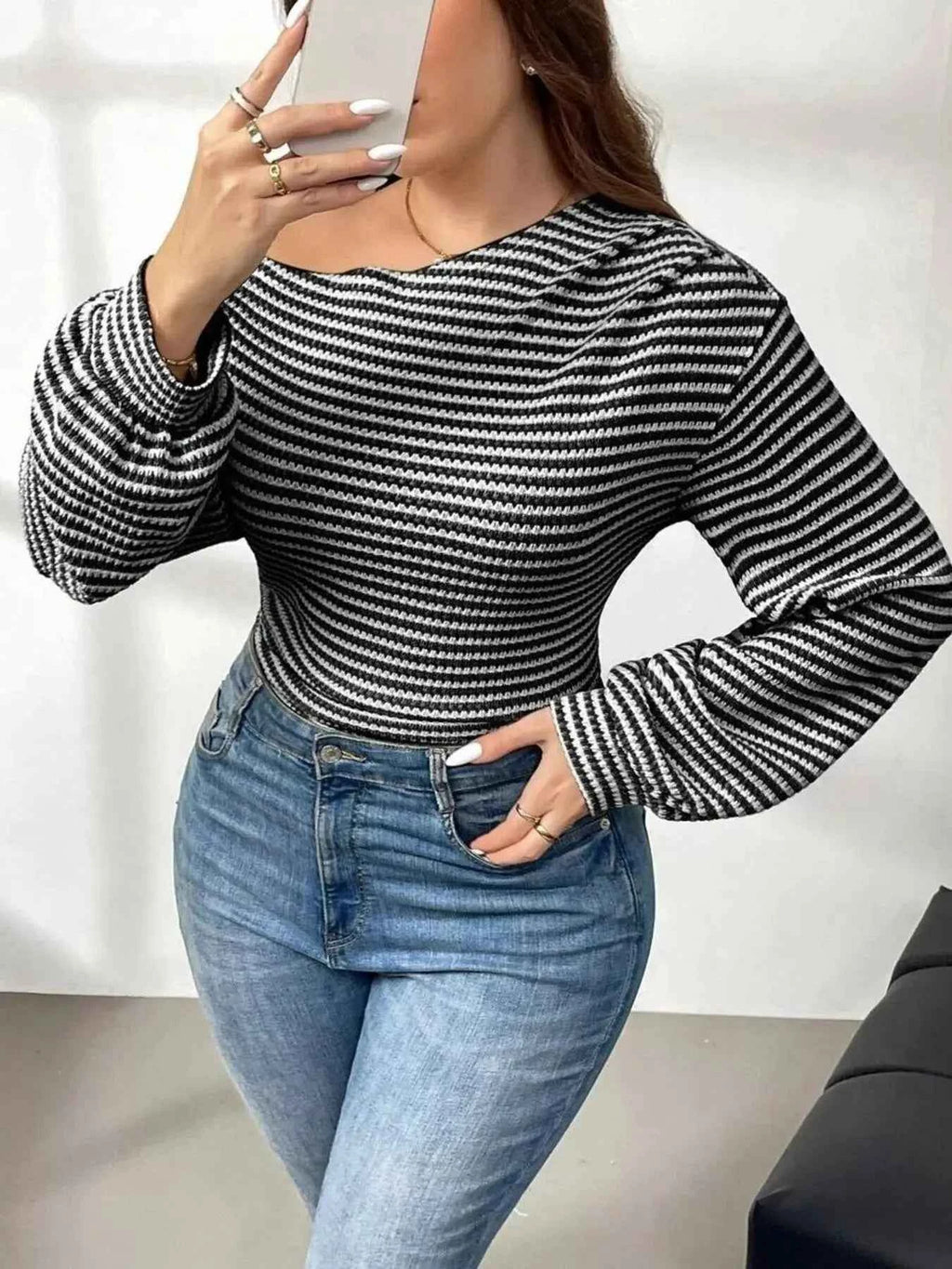 Striped One-Shoulder Plus Size Long Sleeve T Shirt