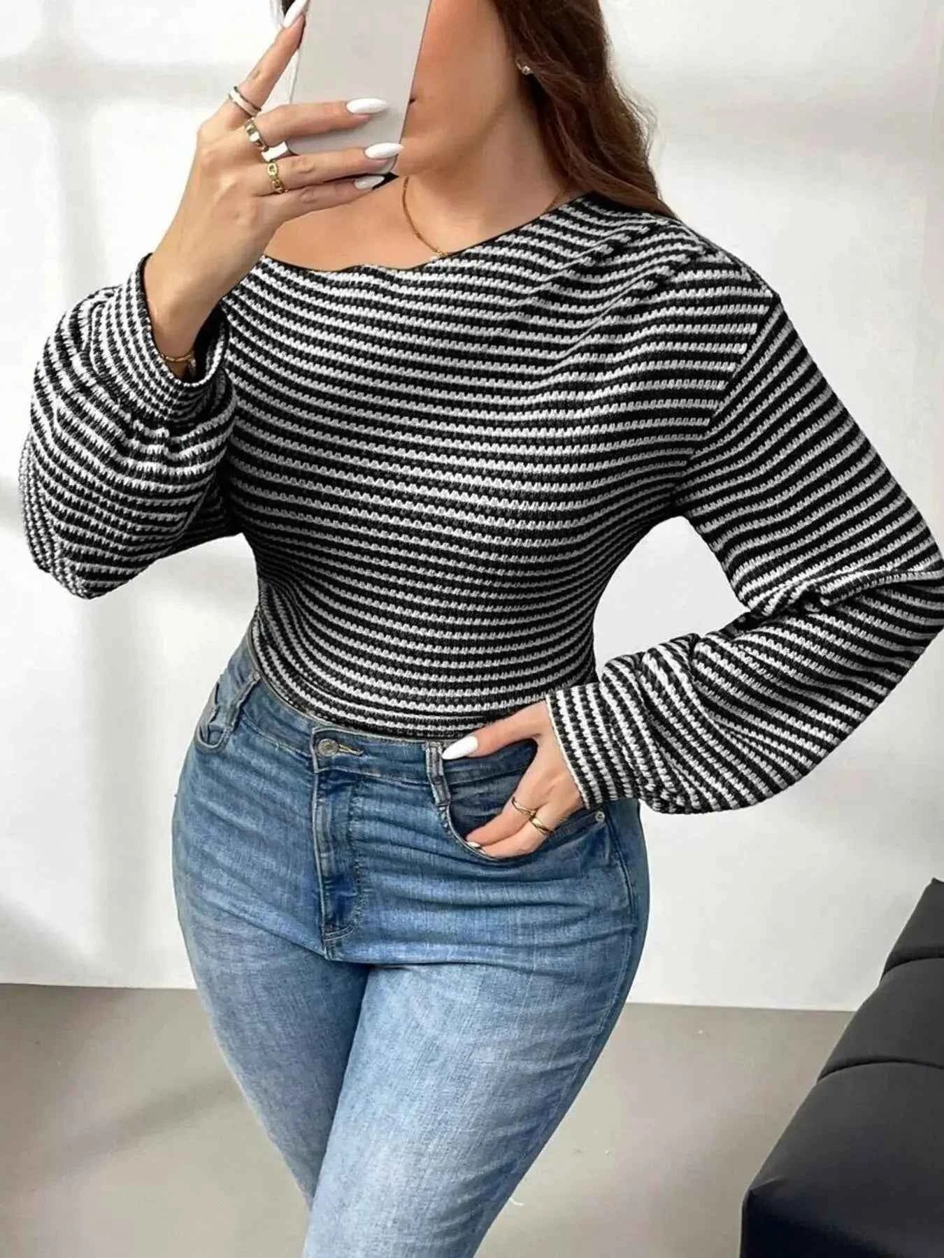 Striped One-Shoulder Plus Size Long Sleeve T Shirt