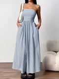 Striped Strapless Casual Maxi Dress by Shopiebay